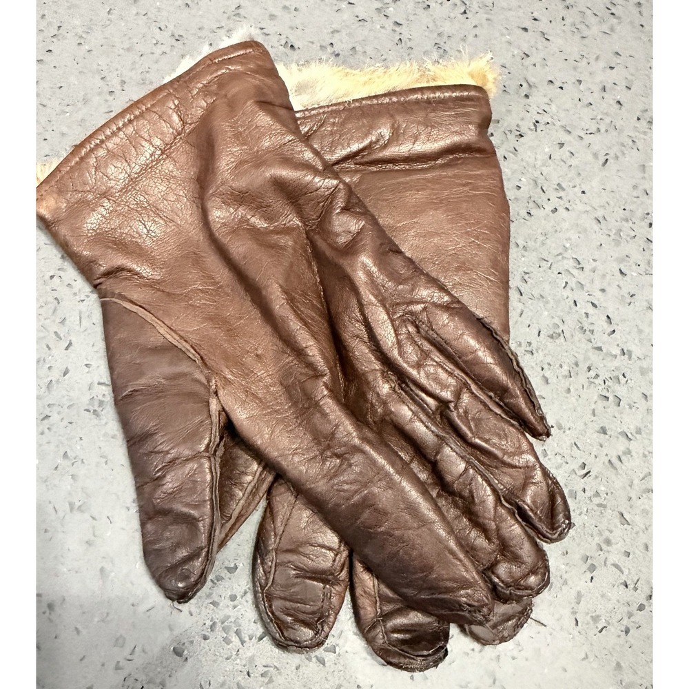 Vtg Brown Leather Rabbit Fur Lined Wrist Length Gloves Sz ML 7 &1 /2